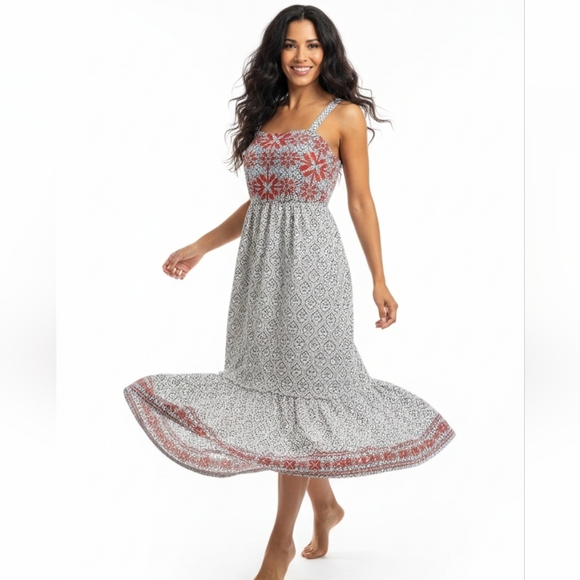 THML Dresses & Skirts - THML Women's Embroidered Red and Blue Patterned Midi Dress Small